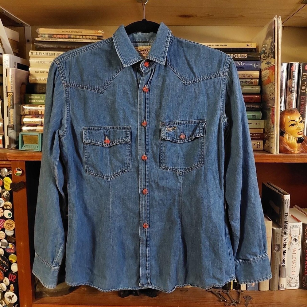 Vintage Guess western style 100 cotton denim button up with plaid fabric buttons